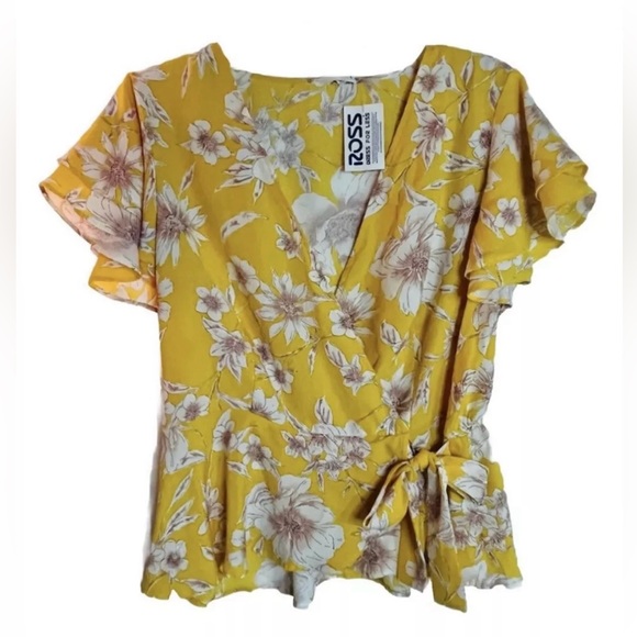 Meraki Woman's Yellow Floral V-Neck Short Sleeve Waist Tie Blouse Size XL NWT - Picture 3 of 14